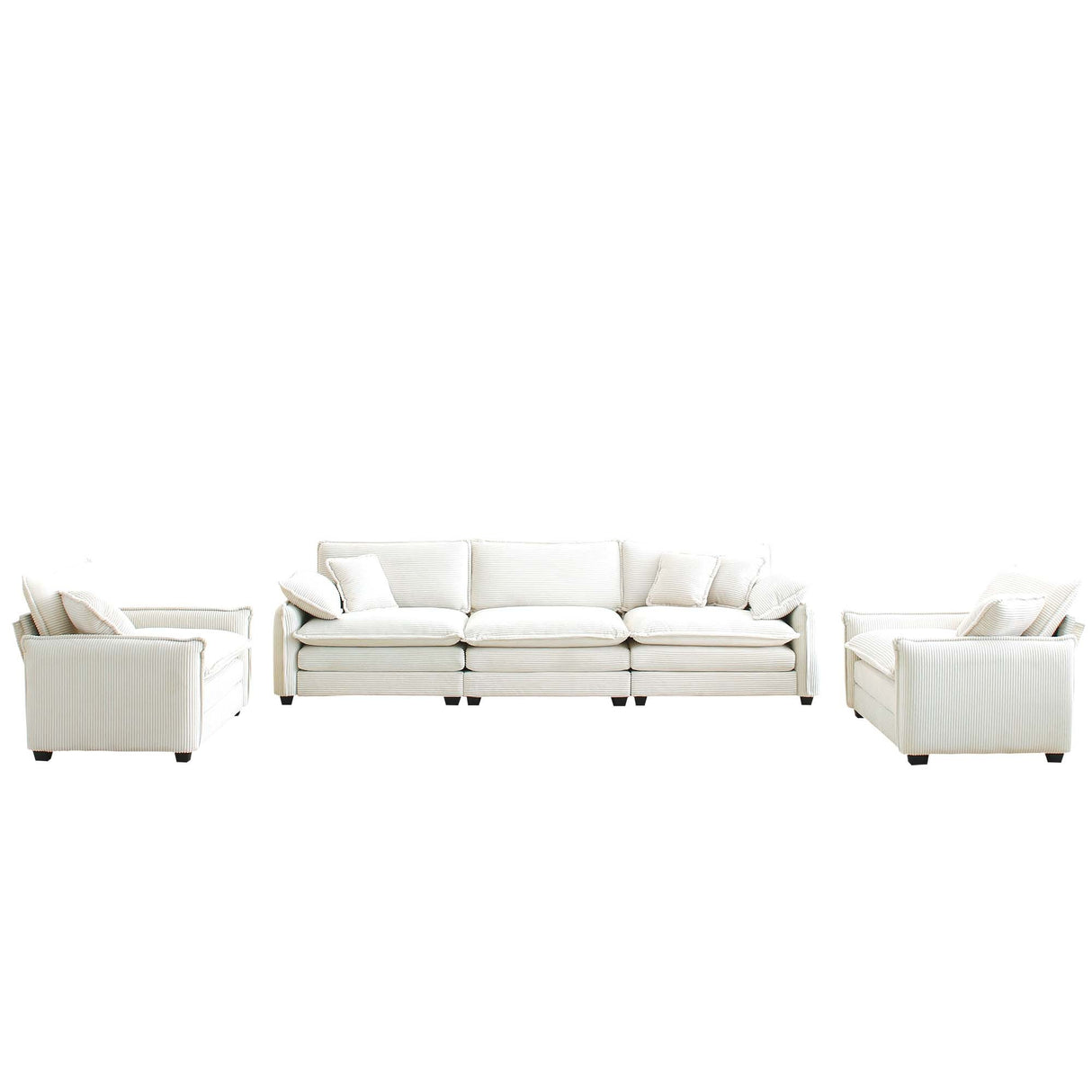 3 Piece Living Room Set with Soft Cushions and Pillows in Corduroy Fabric - Off White