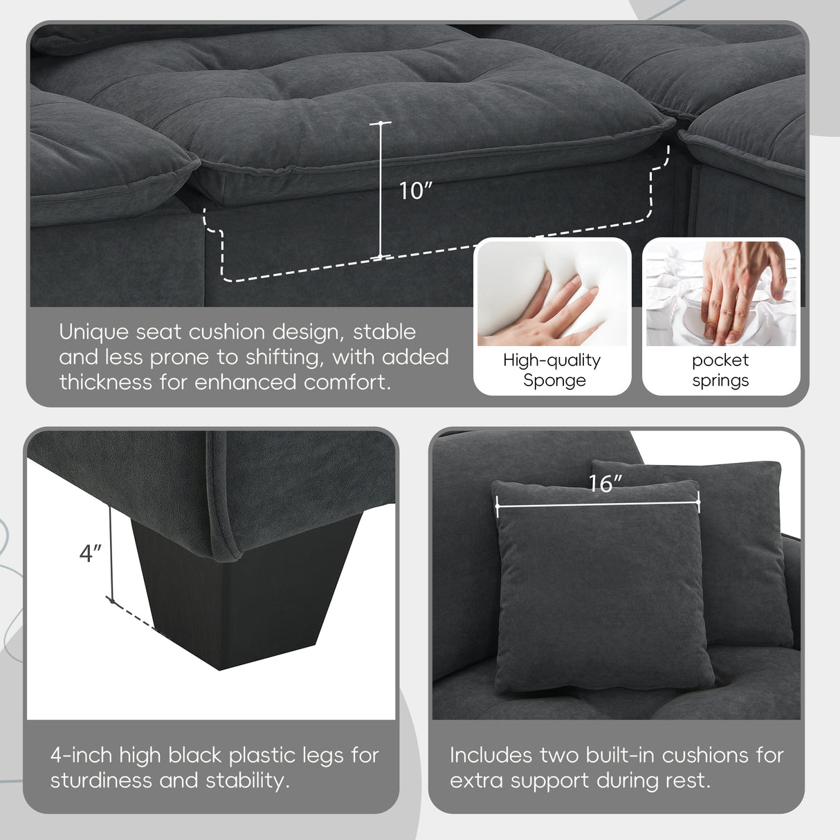 Modern Sectional Sofa with Pillow sand Ottoman - Dark Gray