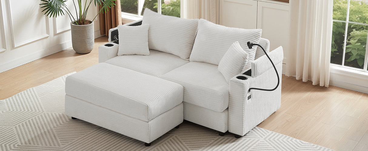 72.8" Modern Style Loveseat with Storage Space, Movable Ottoman, Two USB Ports, Two Cup Holders and Phone Holder - Beige