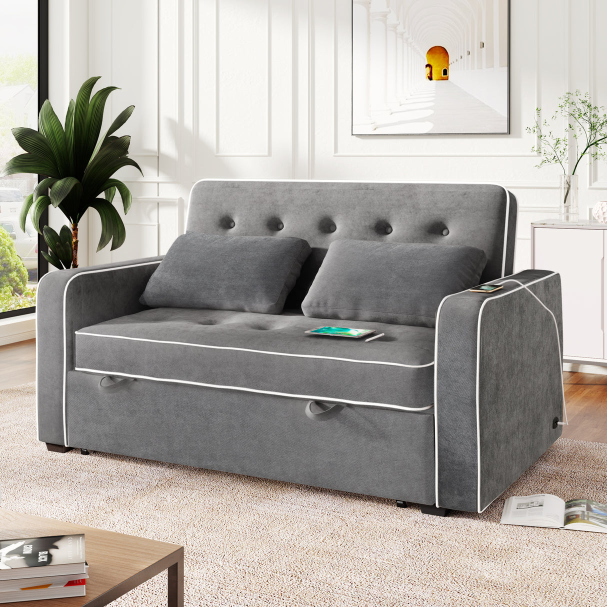 Upholstered Loveseat with Pull Out Sofa, Two Throw Pillows, Dual USB Charging Port And Adjustable Backrest - Gray