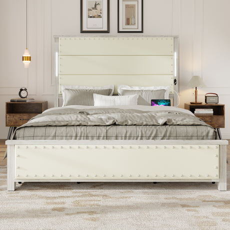 Queen Size Bed with Upholstered Headboard and 4 Storage Drawers - Beige