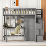 Twin Size Loft Bed With Bookshelf, Drawers, Desk, And Wardrobe - Gray