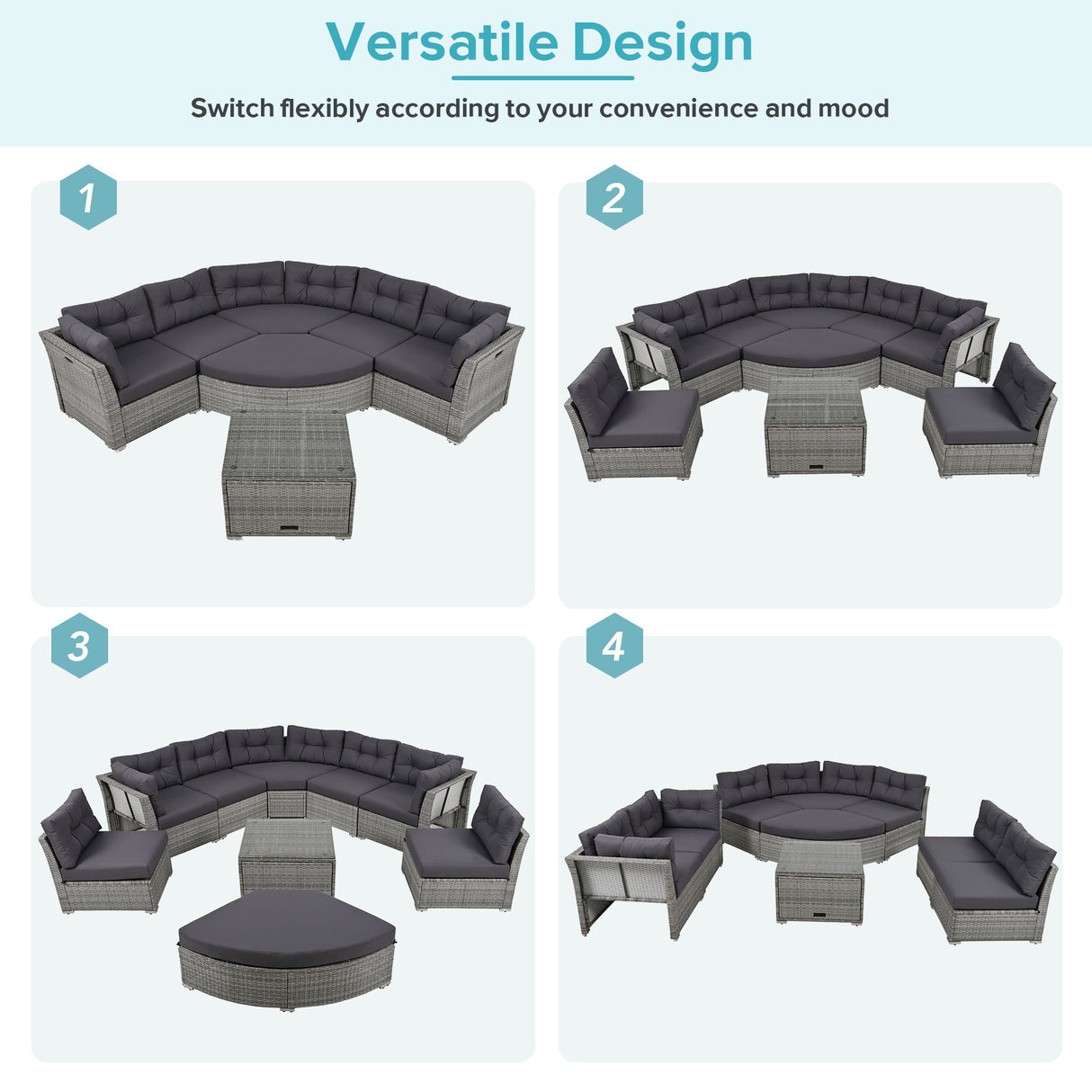 Outdoor Rattan Daybed Sectional With Cushions And Center Table - Gray