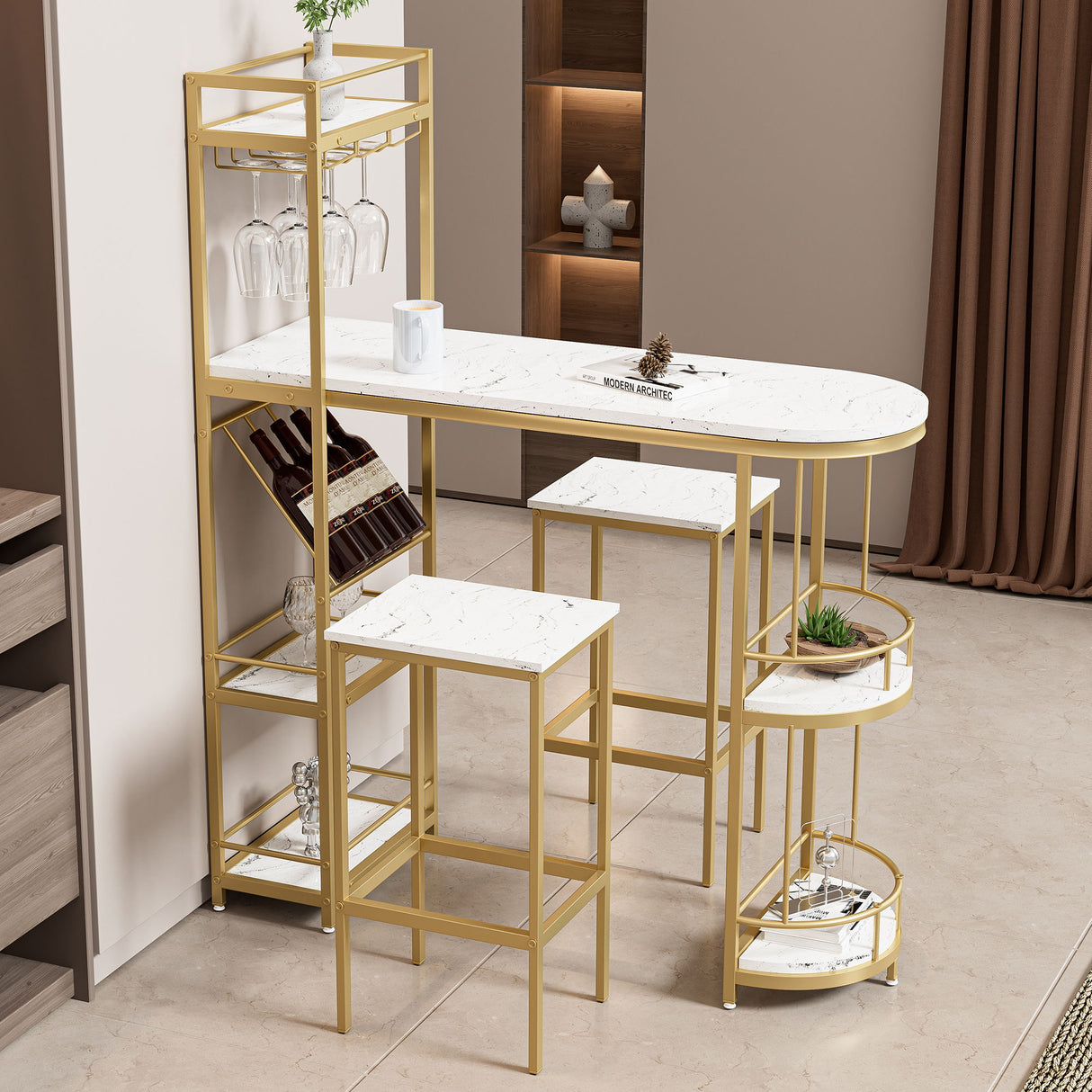 3 Piece Bar Table And Chairs Set - White / Gold