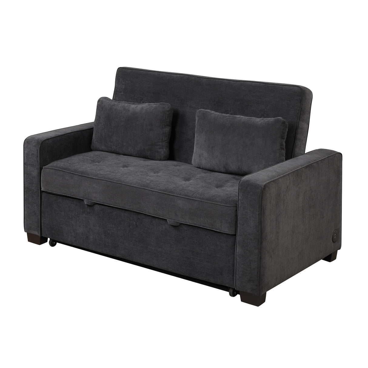 66.5" Upholstered Loveseat With Pull Out Bed, Two Throw Pillows, Dual USB Charging Port and Adjustable Backrest - Black