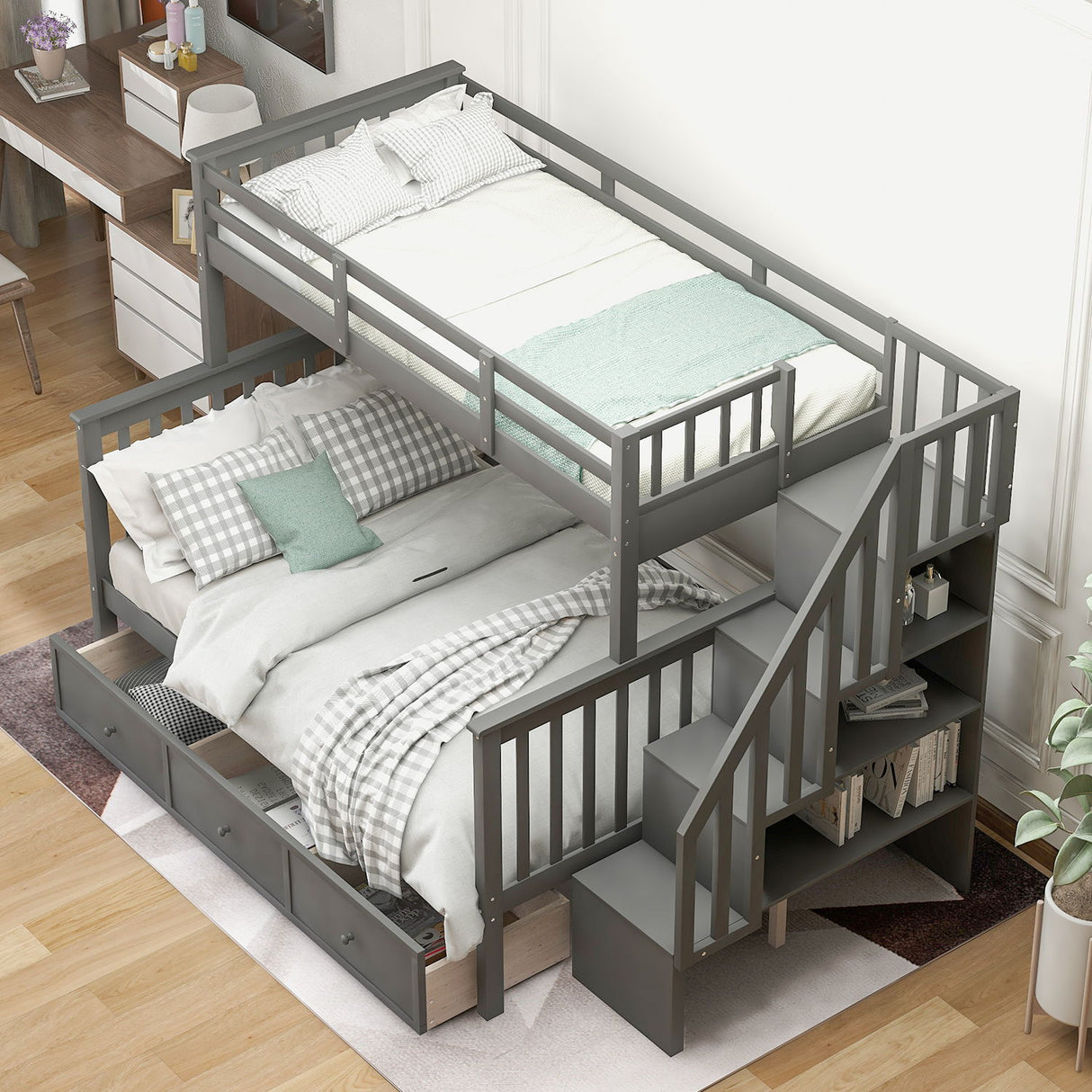 Twin Over Full Stairway Bunk Bed With Drawer, Storage And Guard Rail For Bedroom, Dorm, For Adults