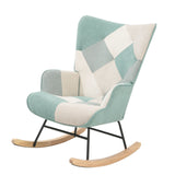 Accent Rocking Chair, Mid-Century Fabric Rocker Chair With Wood Legs And Patchwork Linen For Livingroom Bedroom