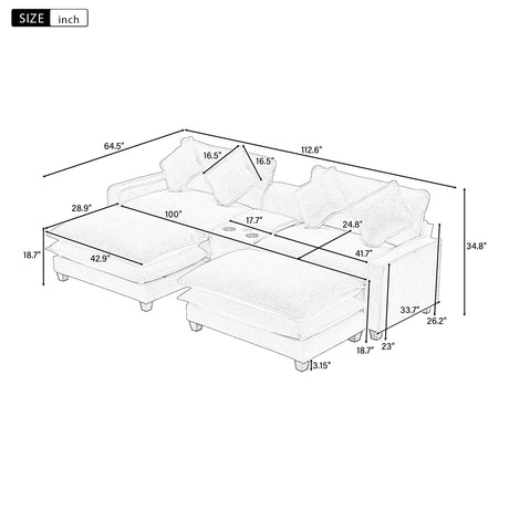 112.6" Chenille Upholstered Sofa with Two Ottomans, Two USB Ports, Two Cup Holders and Large Storage Box -Dark Gray