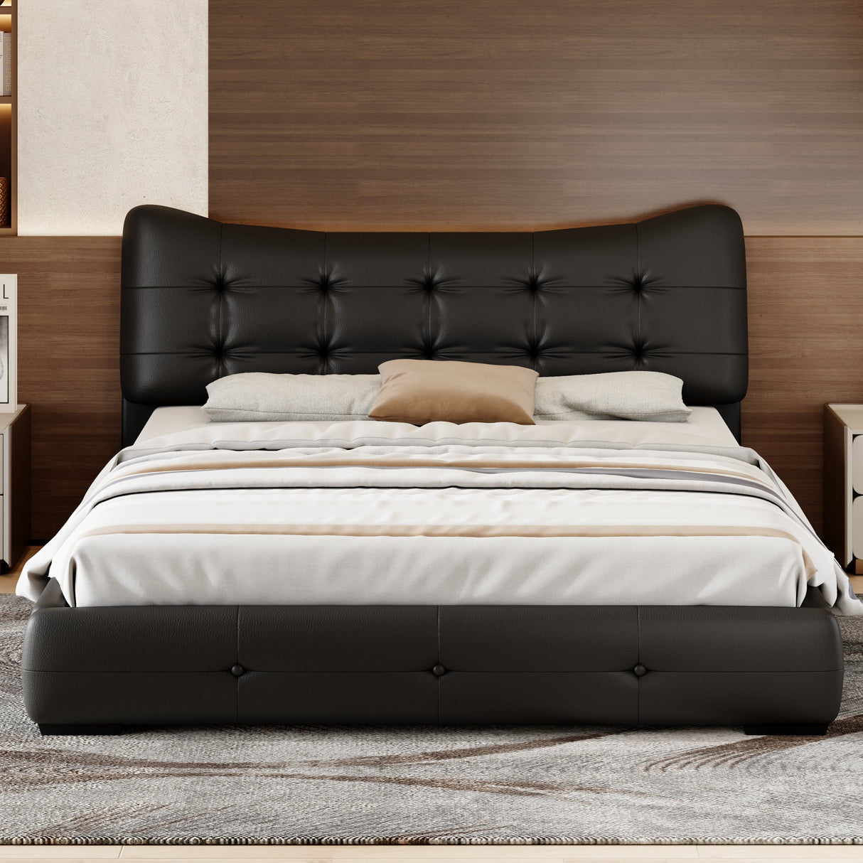 PU Upholstered Queen Platform Bed With Ergonomic Wingback Headboard, No Box Spring Needed - Black