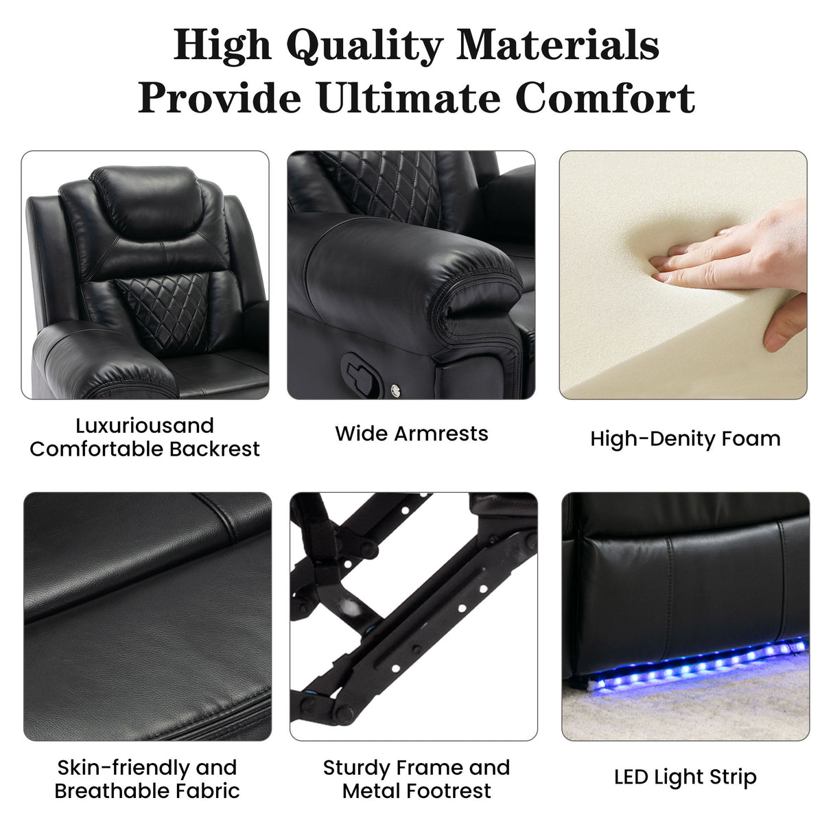 Manual Recliner Chair, Led Light Strip - Black