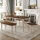 6 Piece Dining Set With Table, 4 Chairs and Bench - Brown / Cottage White