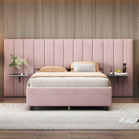 Full Size Upholstered Platform Bed with Tall Headboard, Pink