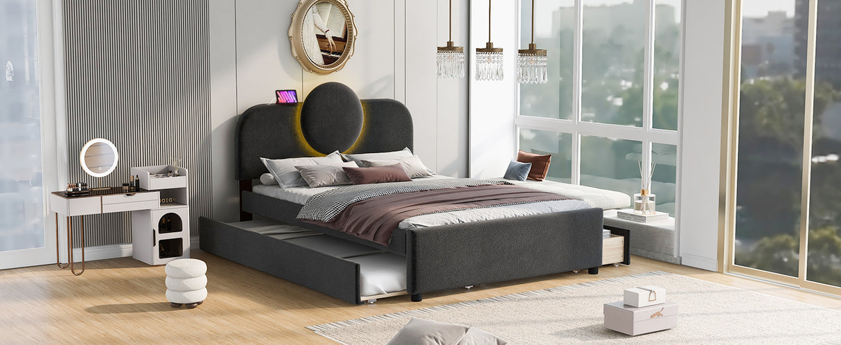 Full Size Upholstered Platform Bed with Multi-functional LED Headboard, Trundle and 2 Drawers, Gray