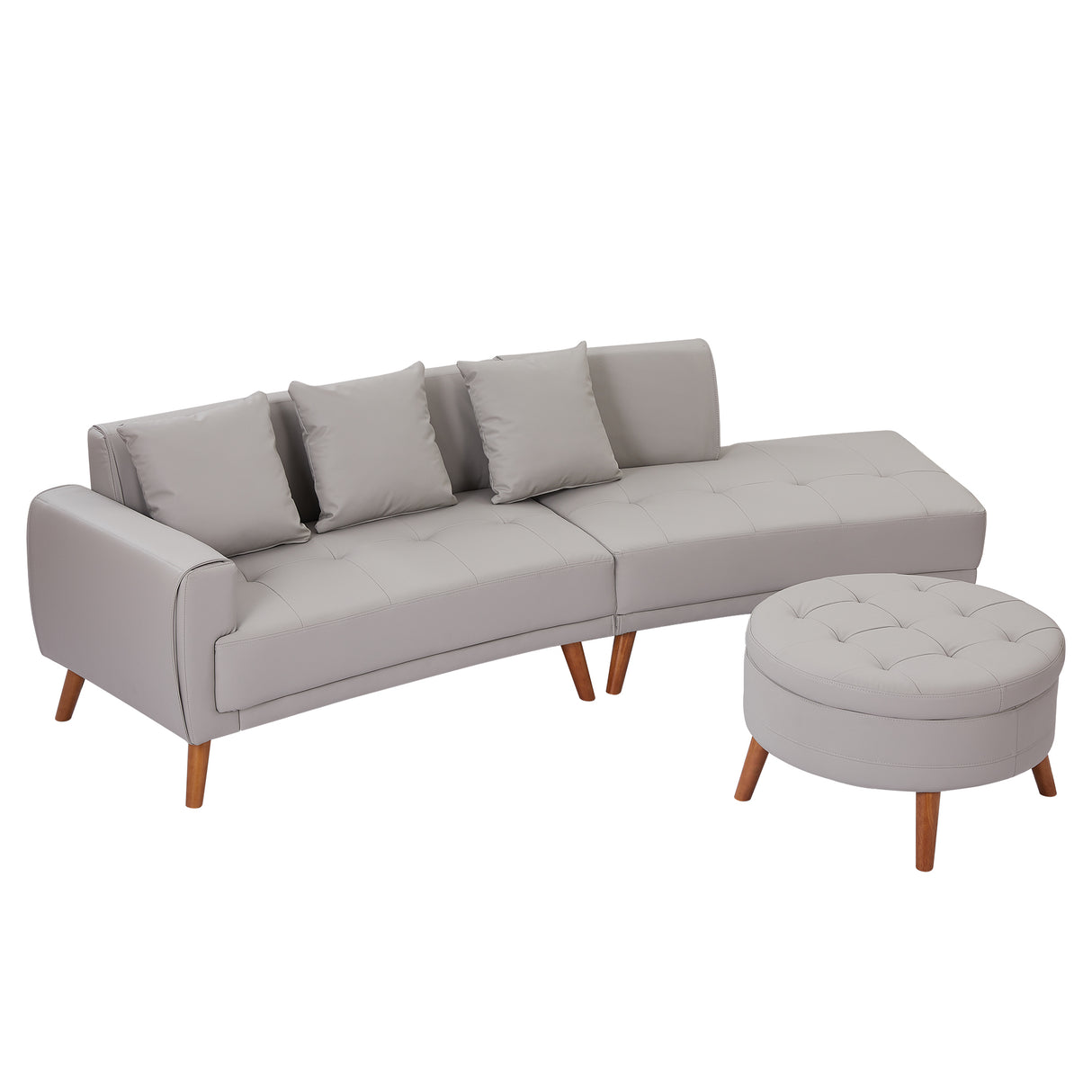 107" Contemporary Sofa with a Round Storage Ottoman and Three Removable Pillows - Grey