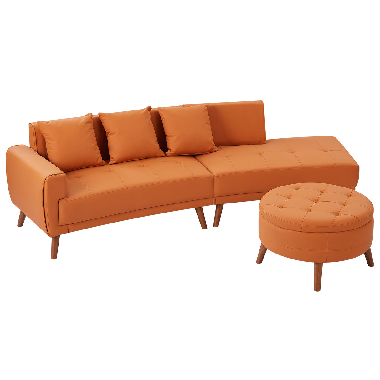 107" Contemporary Sofa with a Round Storage Ottoman and Three Removable Pillows - Orange