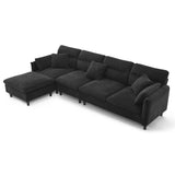 Modern Convertible Sectional Sofa with Pillows and Ottoman - Black