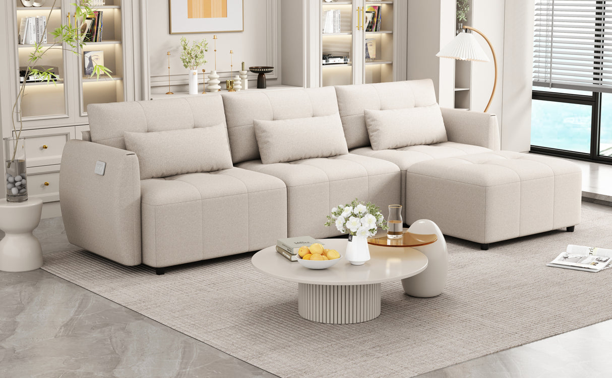 113.3" Modular Sectional Sofa with Ottoman and USB and USB-C Ports - Beige