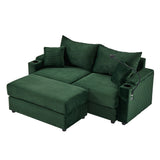 72.8" Modern Style Loveseat with Storage Space, Movable Ottoman, Two USB Ports, Two Cup Holders and Phone Holder - Green