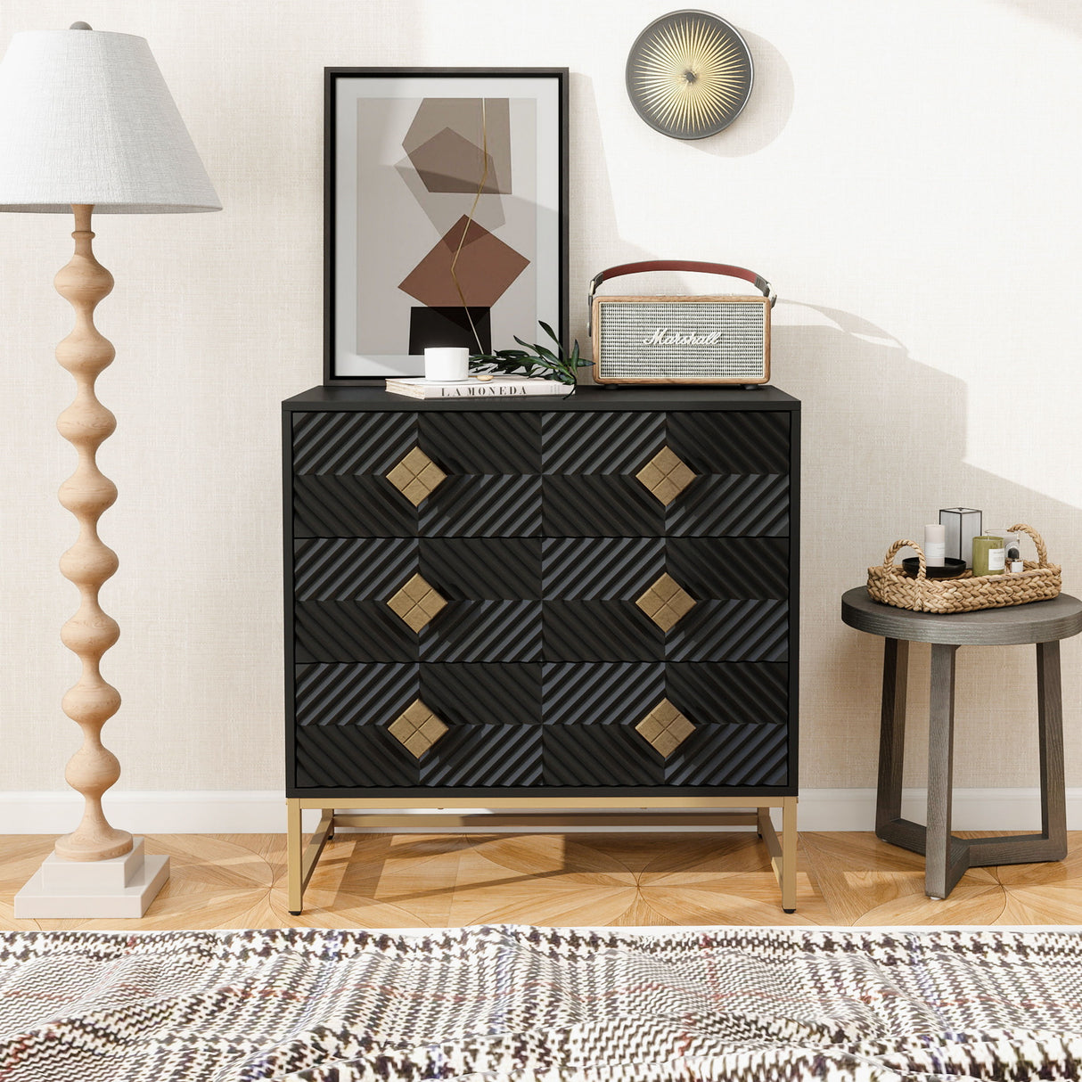 3 Drawer Storage Cabinet,With Decorative Embossed Pattern Door - Black