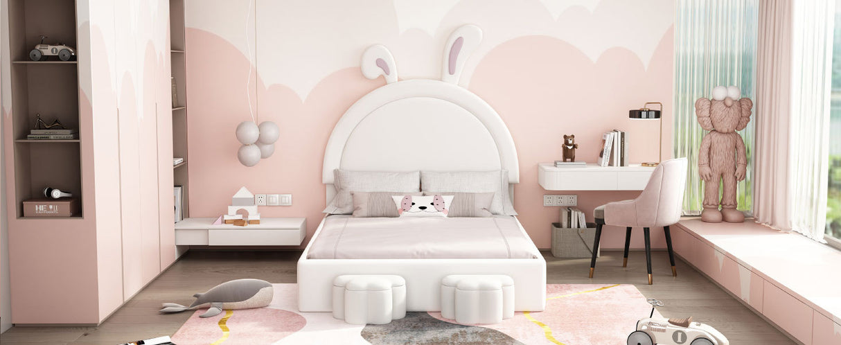 Full size Upholstered Rabbit-Shape Bed with 2 Storage Stools and Cartoon Ears Shaped Headboard, White