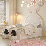 Full size Upholstered Rabbit-Shape Bed with 2 Storage Stools and Cartoon Ears Shaped Headboard, White