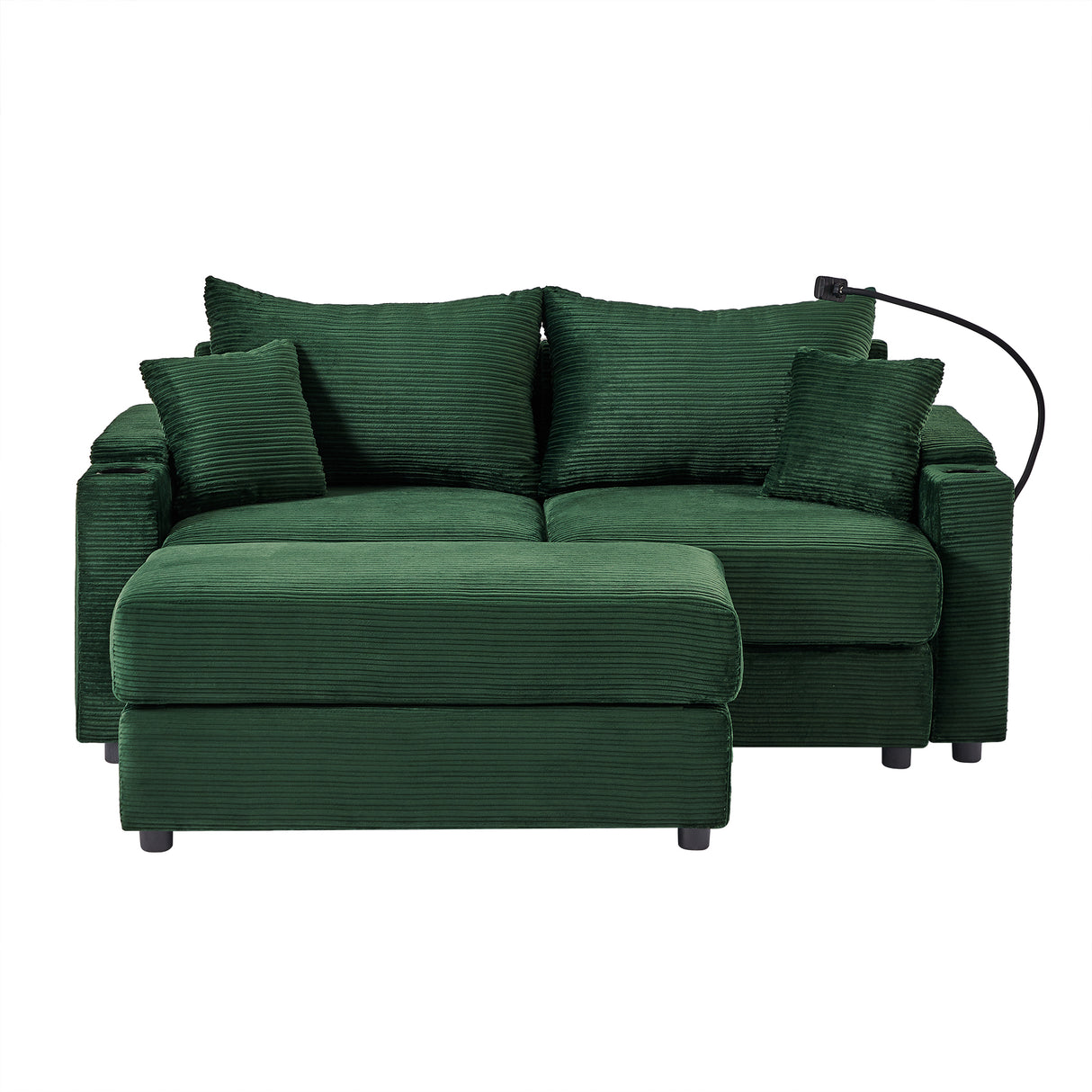 72.8" Modern Style Loveseat with Storage Space, Movable Ottoman, Two USB Ports, Two Cup Holders and Phone Holder - Green