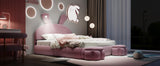 Full Size Upholstered Platform Bed with Cartoon Ears Shaped Headboard and Light, Pink