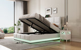 Full Size Tufted Upholstered Platform Bed with Hydraulic Storage System  with LED Lights and USB charger - White