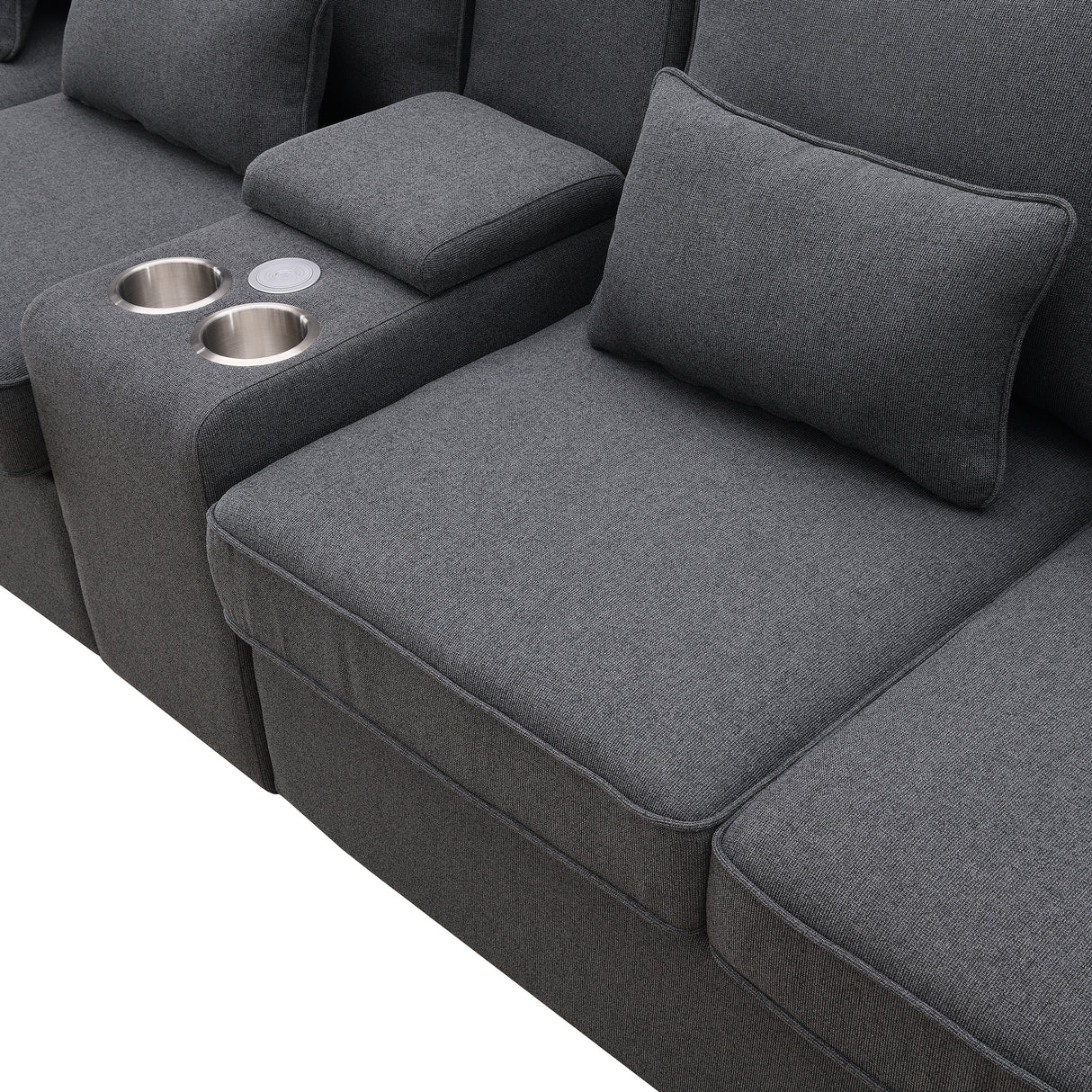 114.2" Upholstered Sofa with Console, 2 Cupholders, 2 USB Ports for Wired or Wireless Charge with 4 Pillows - Charcoal Gray