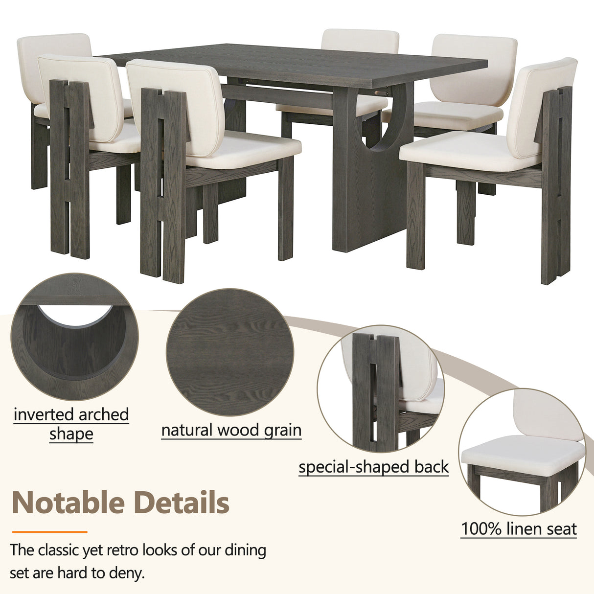 TREXM 7-Piece Retro Dining Set With Trestle Base and 6 Upholstered Chairs (Grey)