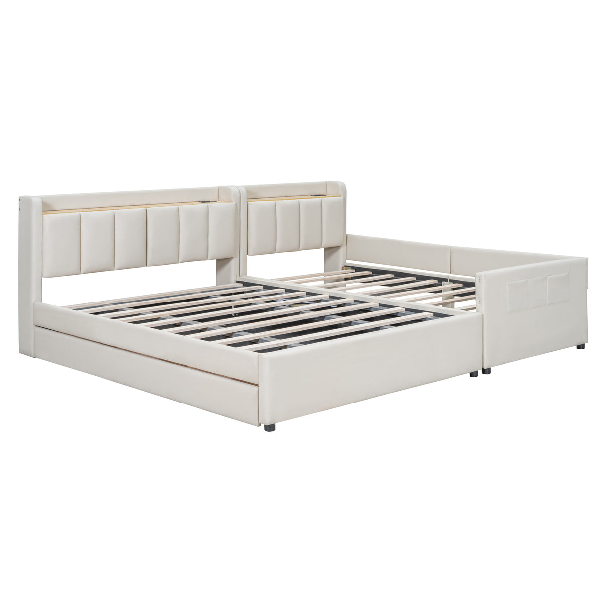 Queen & Twin XL Size Upholstered Platform Bed with Hydraulic Storage System, Drawers, Bedhead storage shelves, Two pairs of Outlets & USB Ports - PU Leather, Beige