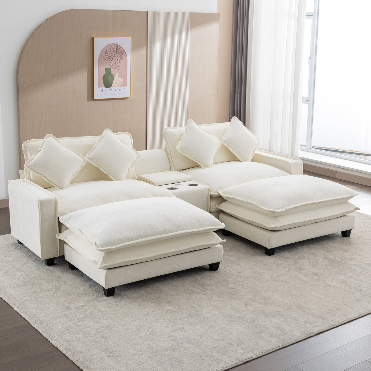 112.6" Chenille Upholstered Sofa with Two Ottomans, Two USB Ports, Two Cup Holders and Large Storage Box - Beige