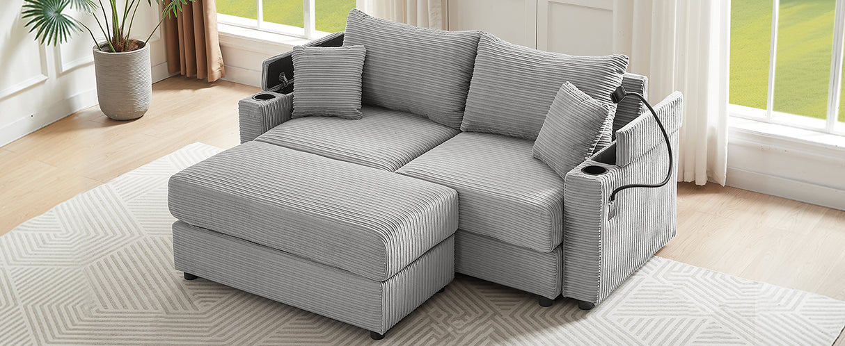 72.8" Modern Style Loveseat with Storage Space, Movable Ottoman, Two USB Ports, Two Cup Holders and Phone Holder - Gray