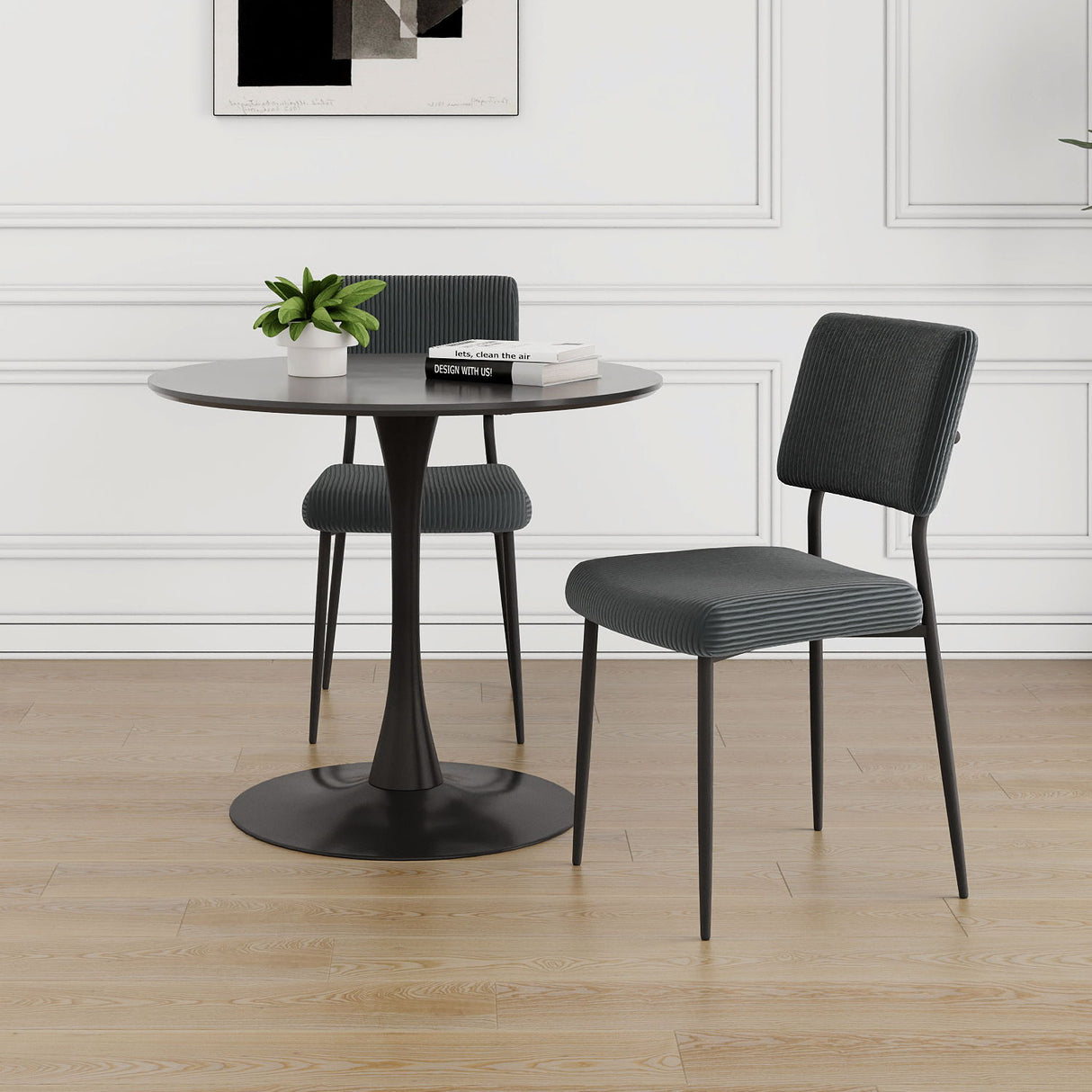 3 PC Dining Set with Black round Table and 2 Upholstered Chairs - Black / Dark Gray