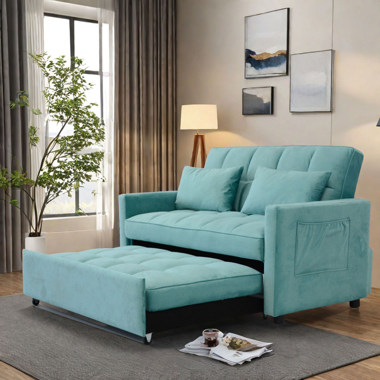 55.2" Sleeper Loveseat with Adjustable Backrest, Three USB Port sand Two Side Pockets - Peacock blue