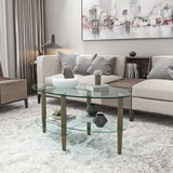 Transparent Oval Glass Coffee Table, Modern Table In Living Room Oak Wood Leg Tea Table 3-Layer Glass Table