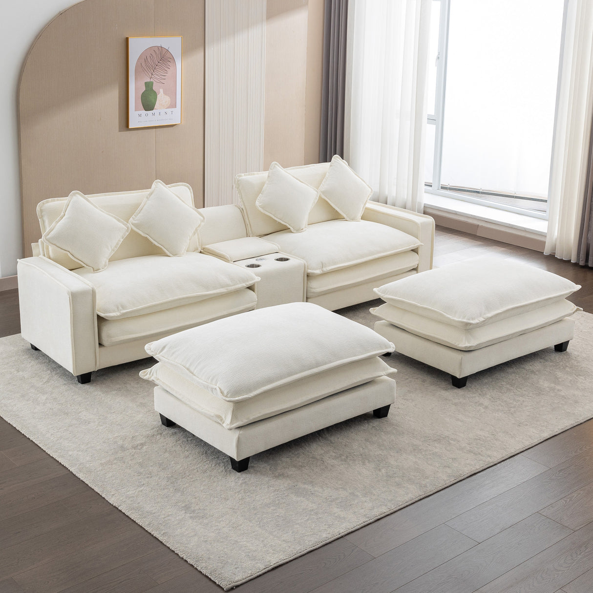 112.6" Chenille Upholstered Sofa with Two Ottomans, Two USB Ports, Two Cup Holders and Large Storage Box - Beige