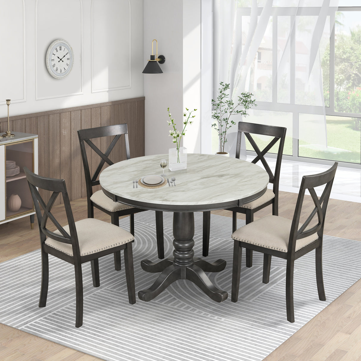 5 Piece Dining Set with Upholstered chairs - Brown/White