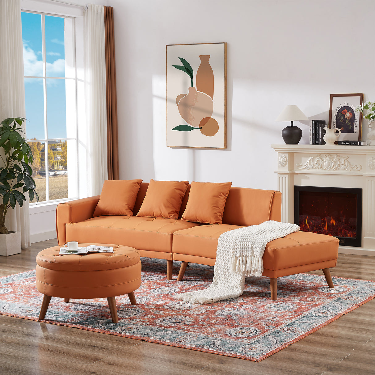 107" Contemporary Sofa with a Round Storage Ottoman and Three Removable Pillows - Orange