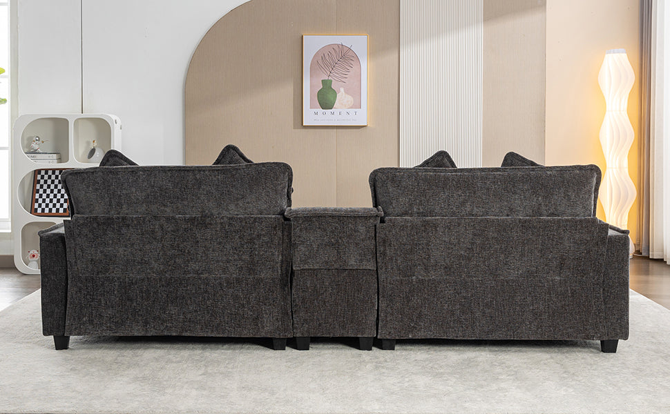 112.6" Chenille Upholstered Sofa with Two Ottomans, Two USB Ports, Two Cup Holders and Large Storage Box -Dark Gray