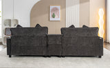 112.6" Chenille Upholstered Sofa with Two Ottomans, Two USB Ports, Two Cup Holders and Large Storage Box -Dark Gray