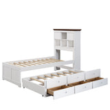 Solid Pine Captain Bookcase Bed With Trundle Bed And 3 Spacious Under Bed Drawers In Casual