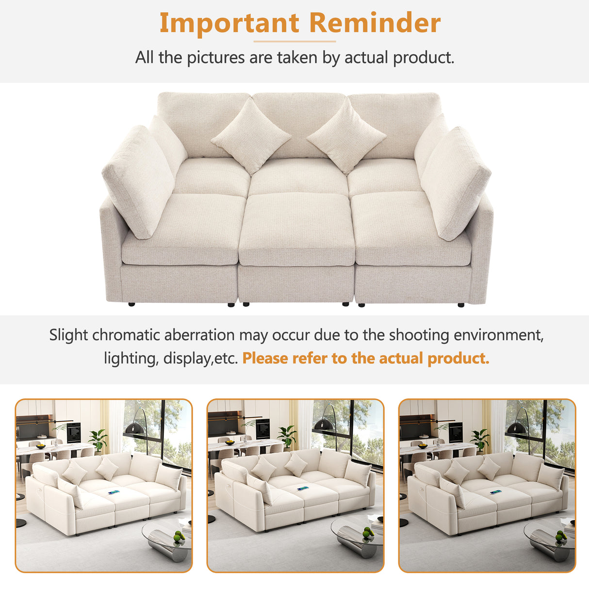 85.4" Modular Sectional Sofa with a Movable Ottoman and Two USB Ports, Beige