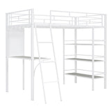 Loft Metal Bed With 3 Layers Of Shelves And Desk, Stylish Metal Frame Bed With Whiteboard