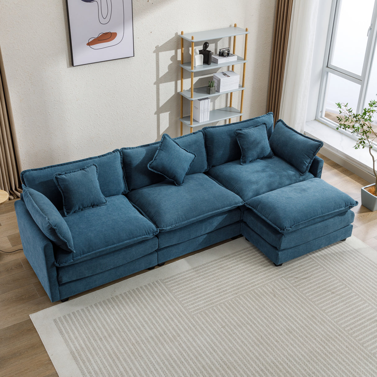 112.2" Chenille Upholstered Sofa with Ottoman and 5 Pillows - Blue