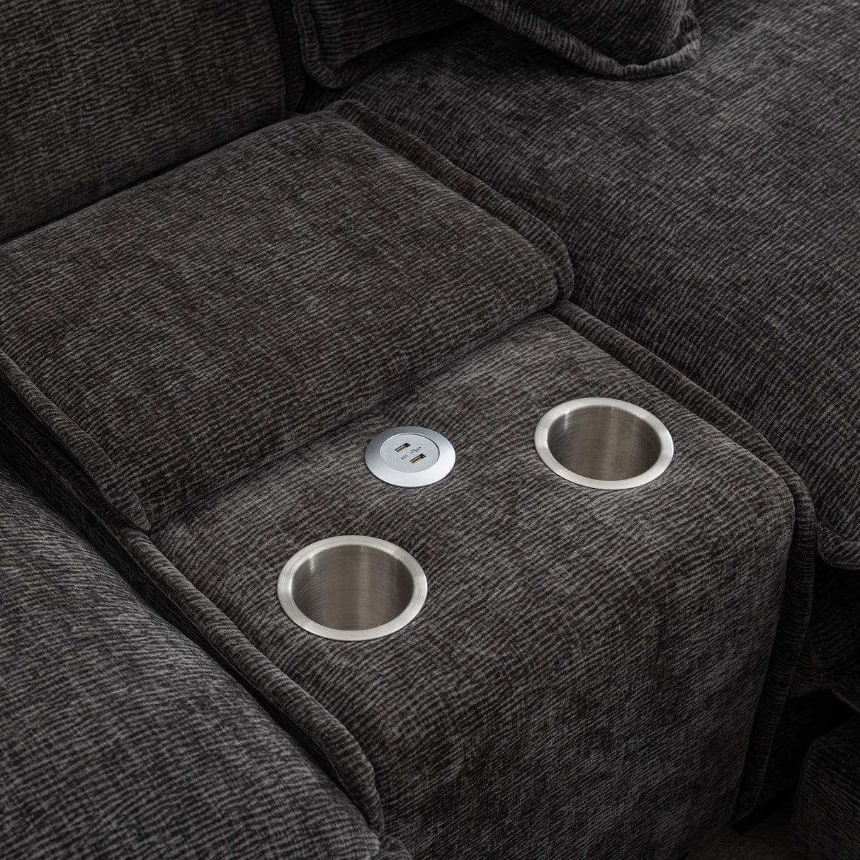 112.6" Chenille Upholstered Sofa with Two Ottomans, Two USB Ports, Two Cup Holders and Large Storage Box -Dark Gray