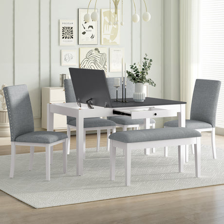 Farmhouse 6-Piece Dining Set with Storage Table with Drawer, and Upholstered Dining Chairs - White+Gray