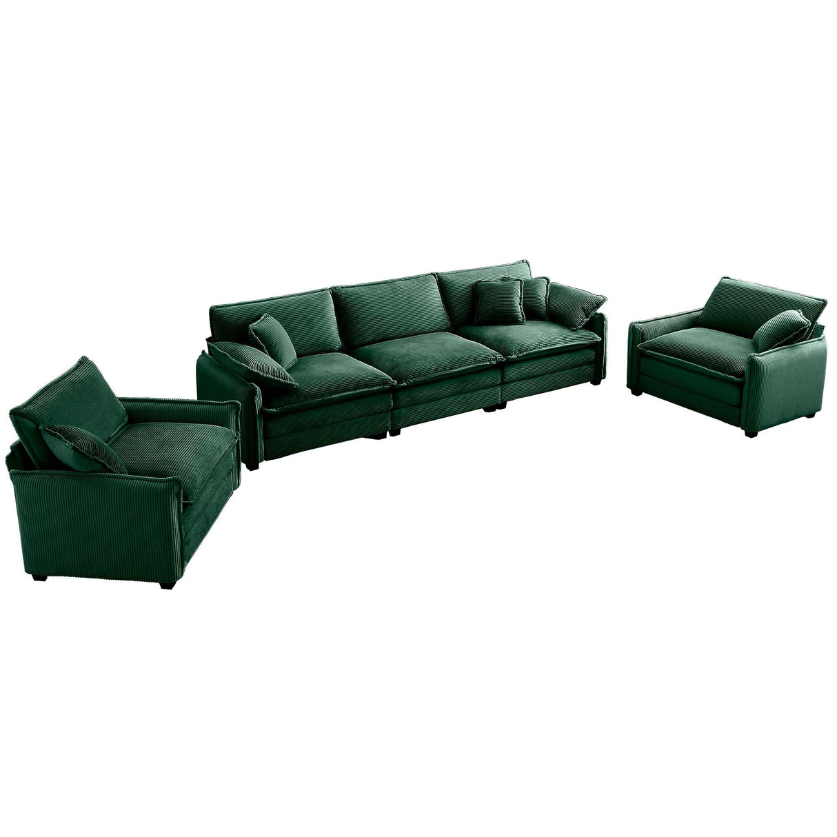 3 Piece Living Room Set in Corduroy Fabric - Green