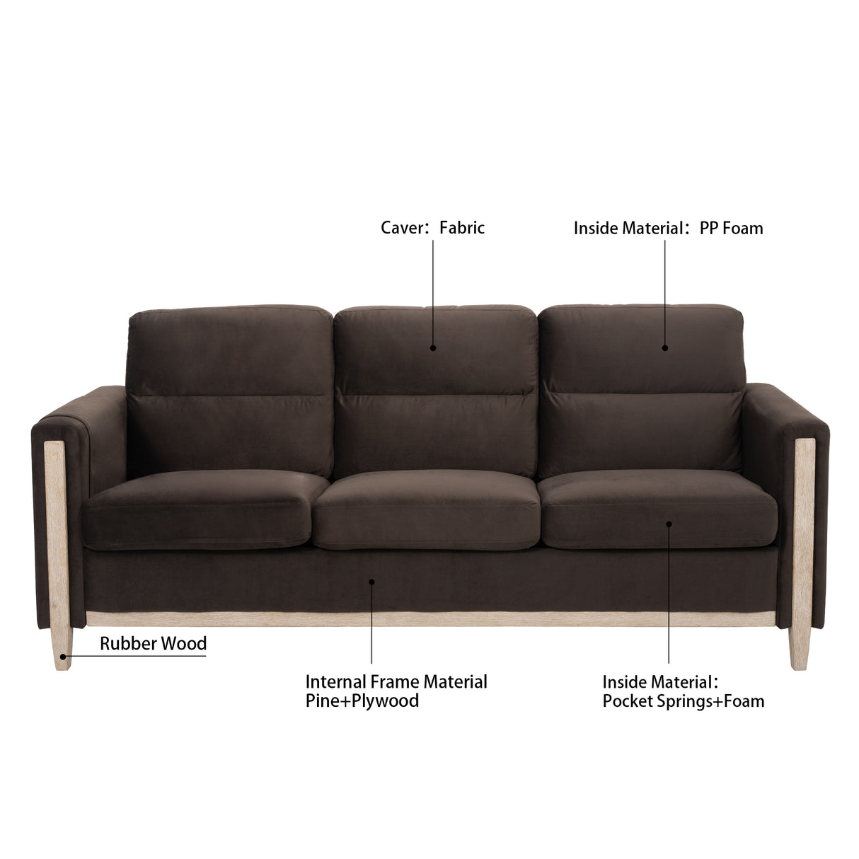 79.5" Comfortable Solid Wood Sofa with Soft Cushion" - Brown