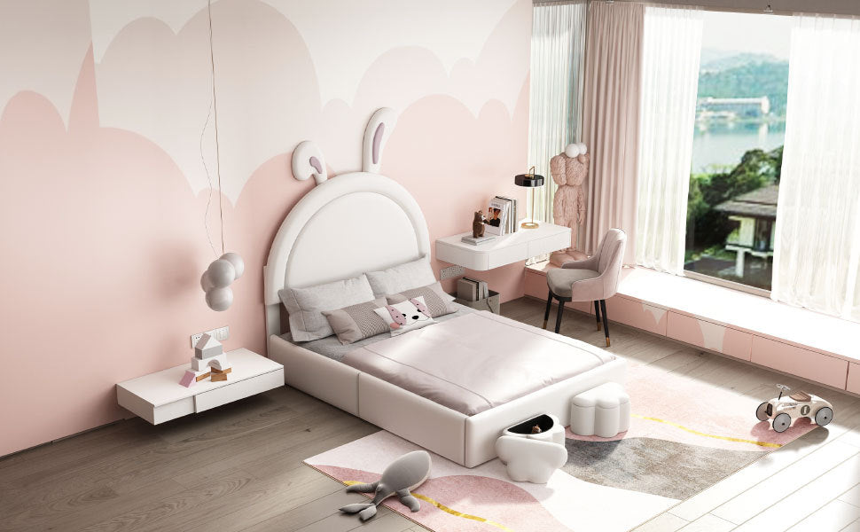 Full size Upholstered Rabbit-Shape Bed with 2 Storage Stools and Cartoon Ears Shaped Headboard, White